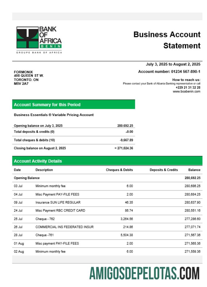 Baixável Bank Of Africa Company Extrato de conta corrente modelo Word e PDF